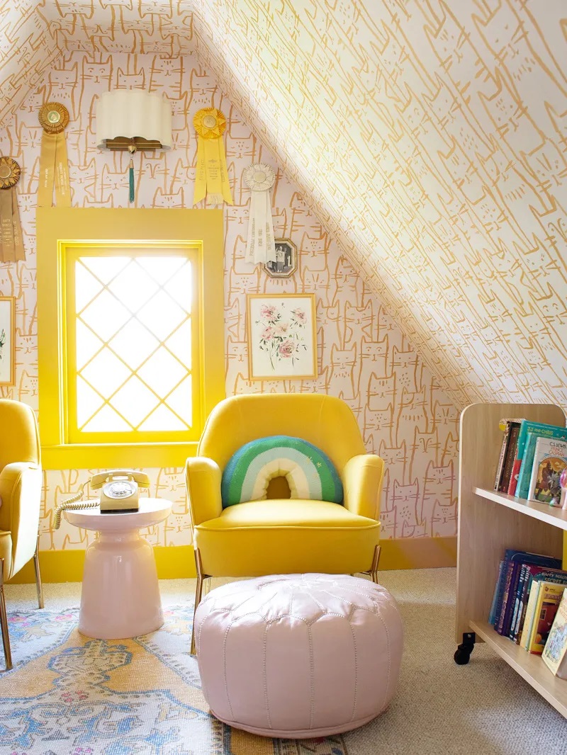 yellow themed kids reading nook